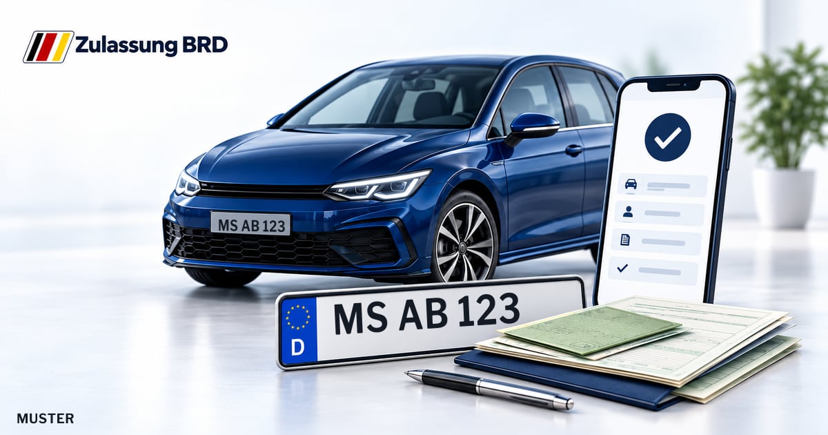 Online Fahrzeugzulassung in Münster: Musterkennzeichen MS AB 123, Auto und Fahrzeugpapiere und Smartphone. Illustration mit Logo von Zulassung BRD.